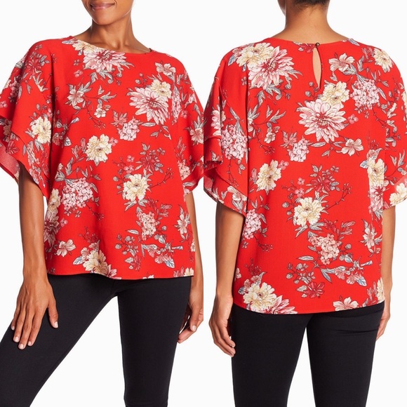 bobeau Tops - Bobeau Double Ruffle Red Floral Mixed Boxy Blouse